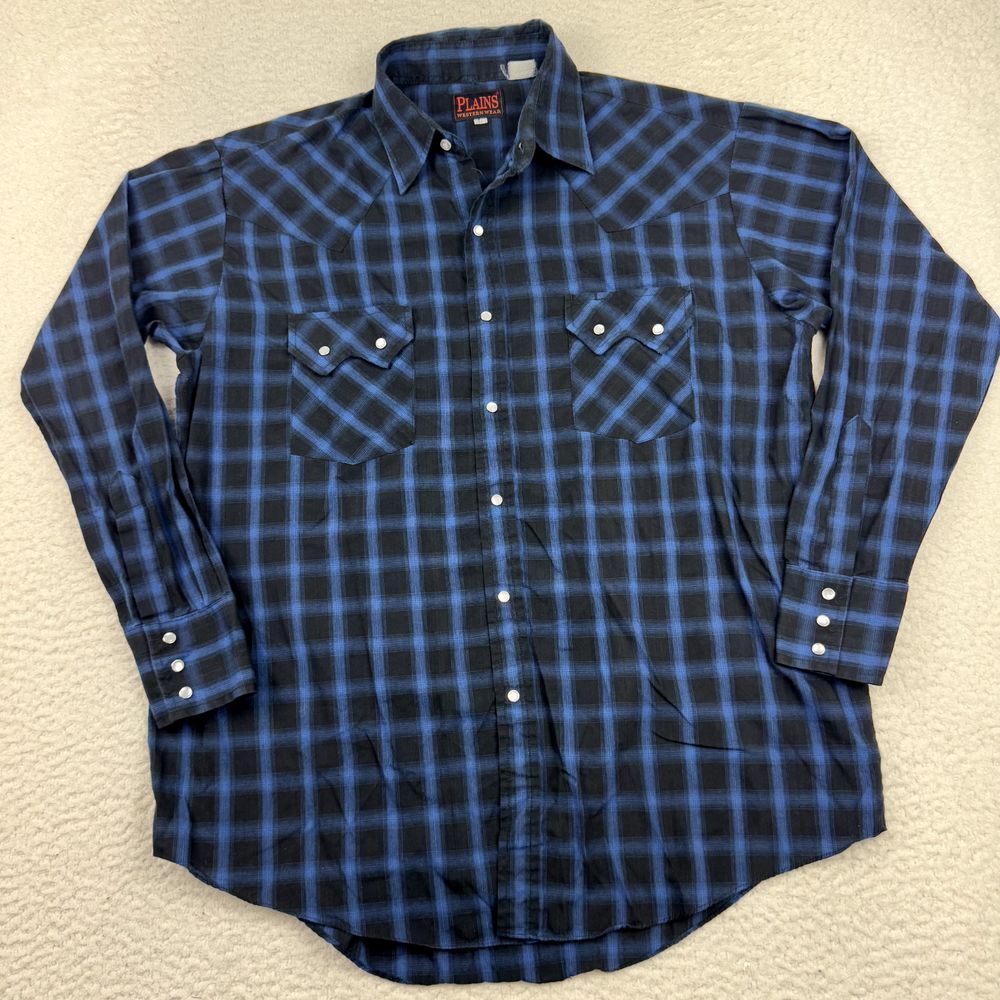 Plains Western Wear Shirt Men's Large Blue Plaid Button Up‎ Sawtooth Pockets
